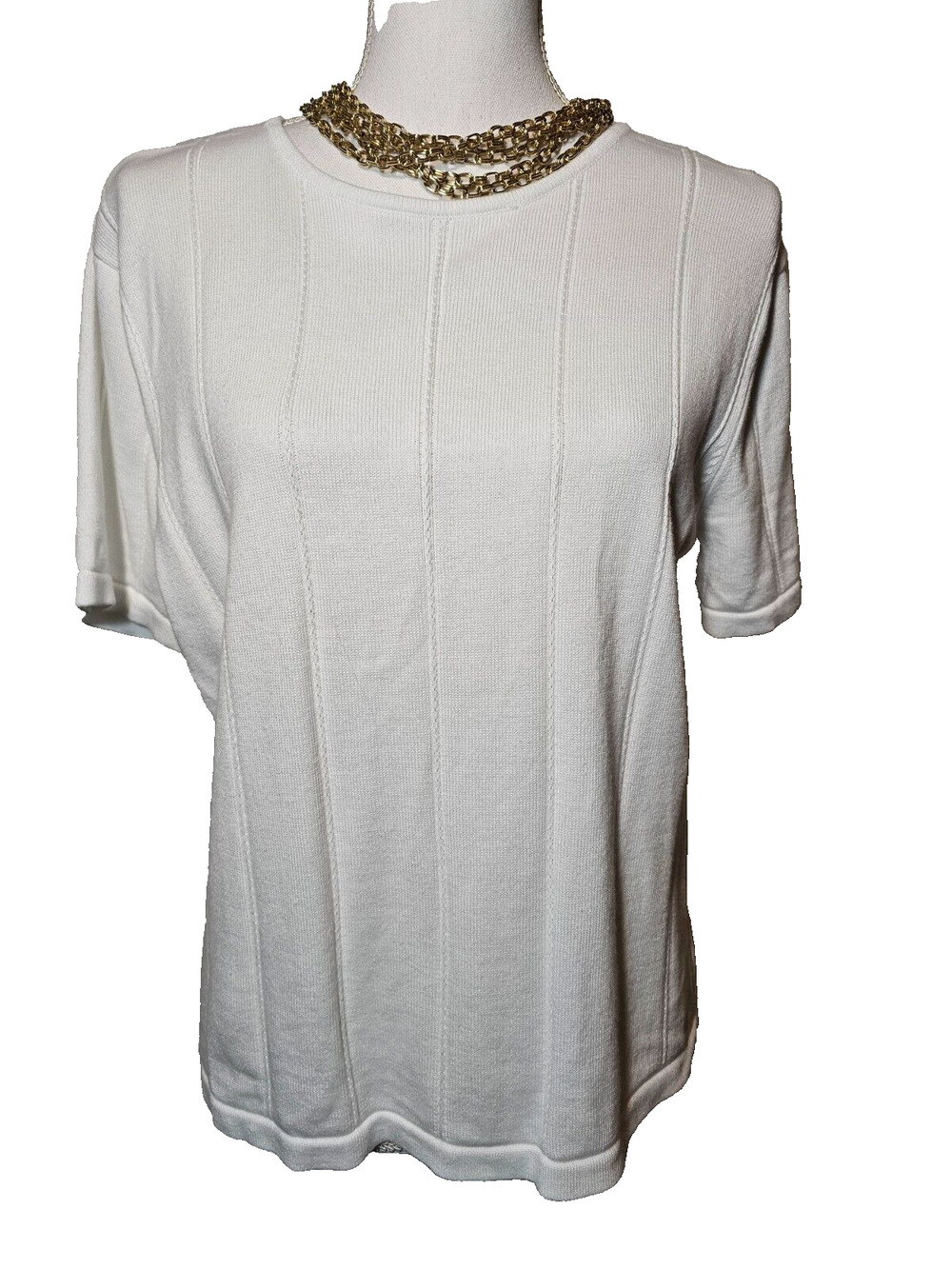 Talbots Womens White Ribbed Knit Crew Neck Short Sleeve Tee Shirt XL